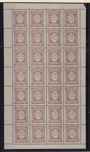 0075.jpg -     Lote:    75      J. M. Castanheira da Silveira (1ª parte)      Porteado       Descrição:         1915 &mdash; Porteado. Emissão regular. Valores em centavos. CE POR21, &frac12; C castanho. Folha completa com 28 selos em papel liso espesso.         ***       Valor Base:     &euro; 8,00     Valor Venda:     &euro; 22,00       