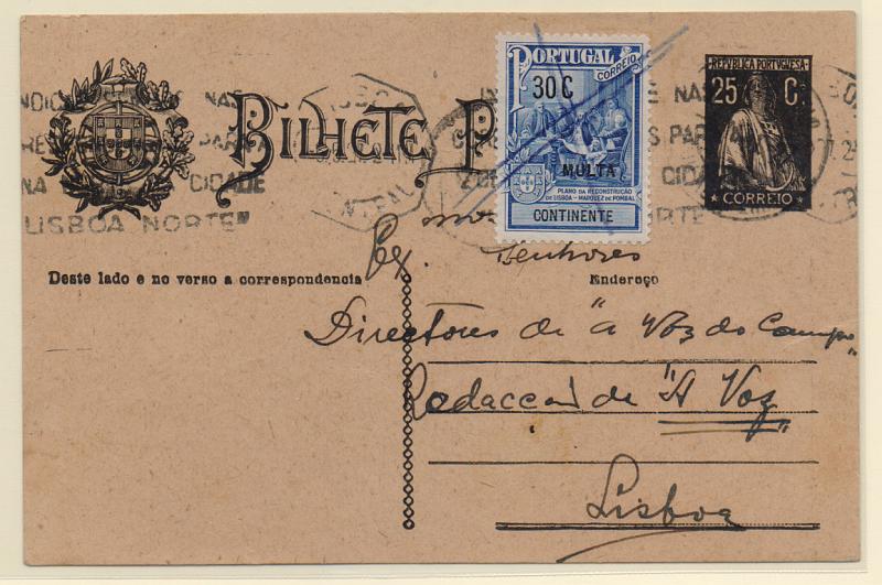 0128.jpg -     Lote:    128      J. M. Castanheira da Silveira (1ª parte)      Porteado       Descrição:         1925 &mdash; Porteado do Imposto Postal. Monumento ao Marquês de Pombal. Inteiro postal de 25C tipo Ceres OM74, circulado de Feira * Duas Igrejas (04.05.27) para Lisboa. Por falta de selo do imposto postal, foi porteado com o dobro do porte em falta com selo de 30C (Plano) CE IP POR3.         IC       Valor Base:     &euro; 25,00     Valor Venda:     &euro; 85,00       