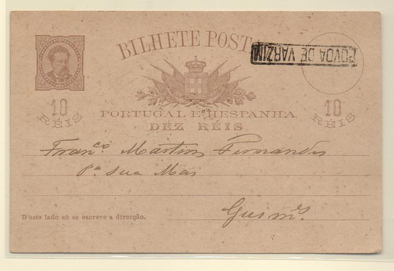0332.jpg -     Lote:    332            Portugal       Descrição:         1884/87 &mdash; D. Luís de frente. OM9, 10 reis castanho em papel camurça, circulado da Póvoa de Varzim para Guimarães (02.10.88). Carimbo nominativo linear batido a preto de "PÓVOA DE VARZIM". MB.         IC       Valor Base:     &euro; 30,00     Valor Venda:     Retirado     