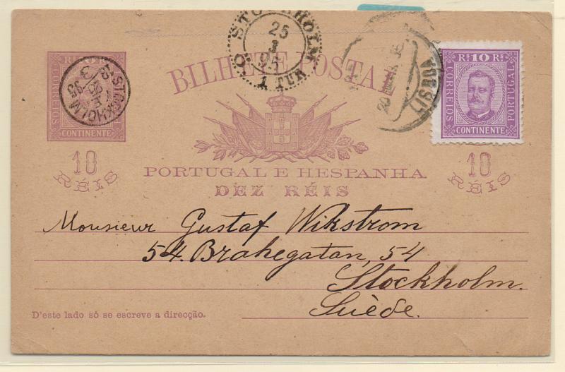 0335.jpg -     Lote:    335            Portugal       Descrição:         1892/95 &mdash; D. Carlos I tipo Diogo Neto. OM13, 10 reis com adicional D. Carlos I tipo Diogo Neto CE69, papel porcelana, denteado 11 &frac12;, circulado de Lisboa (20.03.95) para Estocolmo (25.02.95). B e R.         IC       Valor Base:     &euro; 30,00     Valor Venda:     &euro; 34,00       