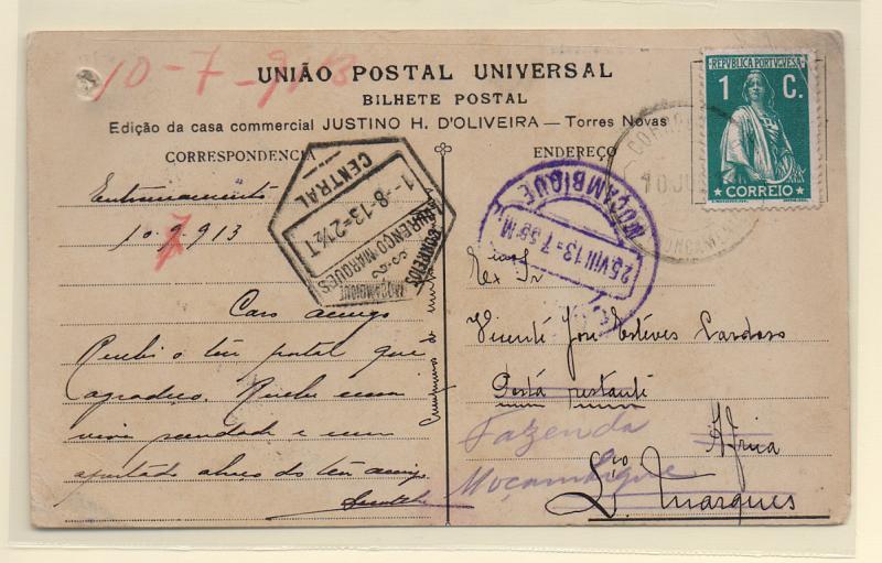 0344.jpg -     Lote:    344            Portugal       Descrição:         1905 &mdash; D. Carlos I Mouchon. OM44, 10 reis. Circulado de Lisboa (15.12.08) para a Marinha Grande. Repicado no verso por "GUILHERME MARQUES PEREIRA".         IC       Valor Base:     &euro; 8,00     Valor Venda:     Retirado     