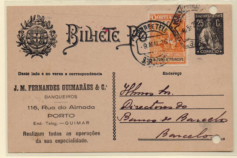 0359.jpg -     Lote:    359            Portugal       Descrição:         1924 &mdash; Ceres. OM74, 25c preto (Endereço), circulado do Porto (09.05.26) para Barcelos, com selo do Imposto Postal "Monumento ao Marquês de Pombal" (Plano) de 15c de S. Tomé e Príncipe, utilizado como selo de recurso do imposto no Continente. Repicado por J. M. FERNANDES GUIMARÃES & CIA". Furos de arquivo.         IC       Valor Base:     &euro; 15,00     Valor Venda:     &euro; 16,00       