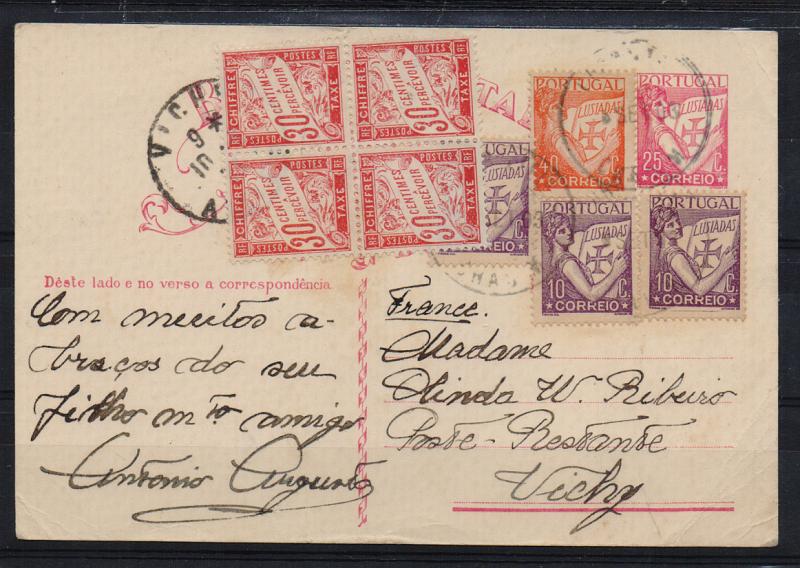 0372.jpg -     Lote:    372            Portugal       Descrição:         1931 &mdash; Selo tipo Lusíadas. OM80, 25c carmim, cartolina branca. Circulado de Chacim (01.09.33) para Vichy * França, com selos adicionais tipo Lusíadas, 3x10c e 40c. Remetido para a Posta Restante, foi porteada em França com 4 selos de 30c.         IC       Valor Base:     &euro; 20,00     Valor Venda:     Retirado     