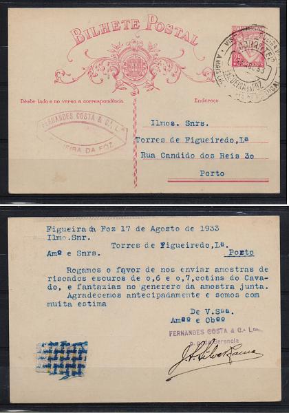 0373.jpg -     Lote:    373            Portugal       Descrição:         Carimbos publicitários. Inteiro postal de $25 "Lusíadas" CE80, circulado da Figueira da Foz (17.08.33) para o Porto. Carimbo de triplo círculo batido a preto "VISITAI A FIGUEIRA DA FOZ / A MAIS LINDA PRAIA DE PORTUGAL". Inteiro com amostra colada no verso. B.         IC       Valor Base:     &euro; 15,00     Valor Venda:     Retirado     