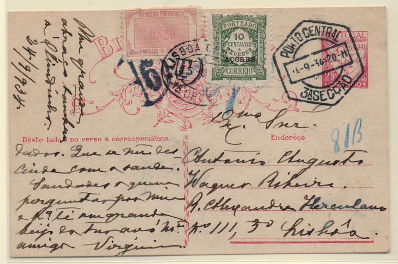 0375.jpg -     Lote:    375            Portugal       Descrição:         1931 &mdash; Lusíadas. OM80, 25C carmim. Circulado do Porto (24.09.34) para Lisboa. Por terem sido utilizados espaços não destinados à correspondência foi porteado como carta, tendo pago o dobro do porte em falta por selos de porteado CE POR31 e 47.         IC       Valor Base:     &euro; 15,00     Valor Venda:     Retirado     