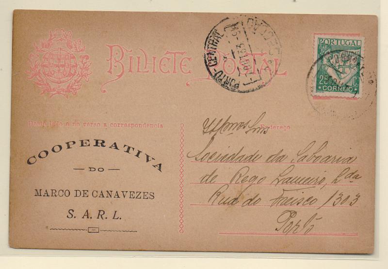 0379.jpg -     Lote:    379            Portugal       Descrição:         192&frac12;2 &mdash; Ceres. OM68, 6c rosa. Utilizado como PI com selo tipo Lusíadas de 25c, circulado de Marco de Canavezes para o Porto (05.10.33). Repicado pela "COOPERATIVA DO MARCO DE CANAVEZES".         IC       Valor Base:     &euro; 8,00     Valor Venda:     &euro; 8,00       