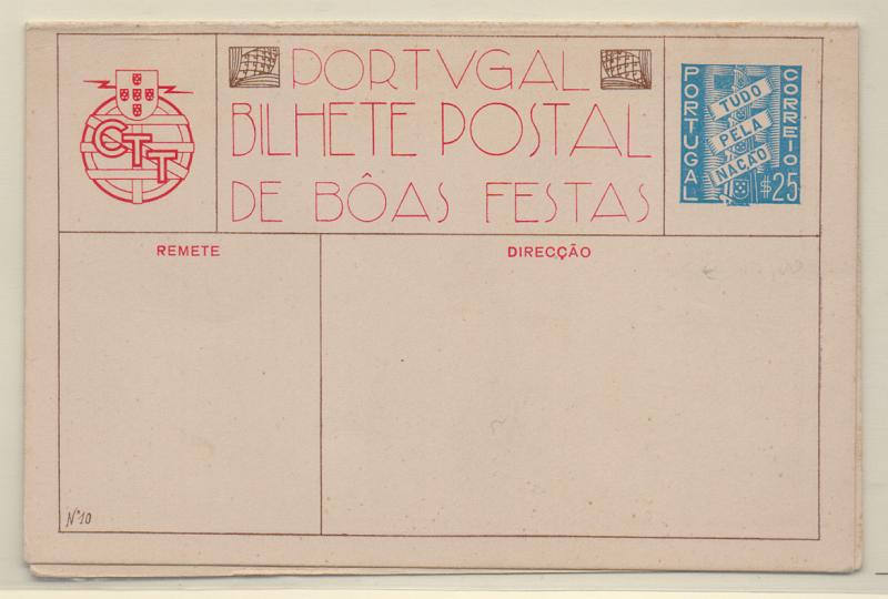 0395.jpg -     Lote:    395            Portugal       Descrição:         1941 &mdash; 2.ª Guerra Mundial. Forças Mobilizadas. Bilhetes Postais de Boas Festas da emissão de 1939, com sobrecarga vermelha "NATAL DO EXPEDICIONÁRIO &mdash; 1941 / TODOS NÃO SOMOS MUITOS PARA CONTINUAR PORTUGAL". Tipo aspas baixas. OM FM1 ($25) azul claro, n.º 10 &mdash; pinhas. Novo.         IN       Valor Base:     &euro; 25,00     Valor Venda:     Retirado     