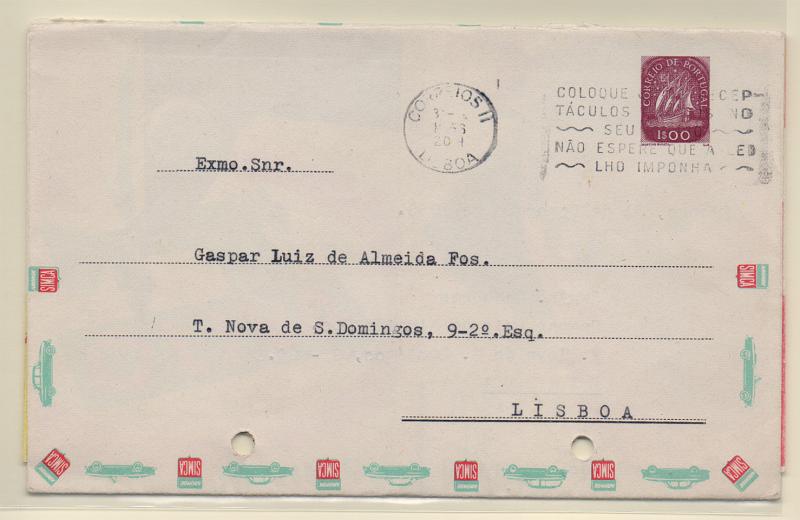 0405.jpg -     Lote:    405            Portugal       Descrição:         1955/57 &mdash; Carta Universal. Selo tipo Caravela. OM4, 1$00 violeta-vermelho, SÉRIE A9. Circulada em Lisboa (31.12.55). Furos de arquivo. Apenas emitidos 5,000 exemplares MB e R.         IC       Valor Base:     &euro; 50,00     Valor Venda:     Retirado     