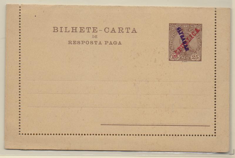 0407.jpg -     Lote:    407            Portugal       Descrição:         1910 &mdash; D. Manuel II, com sobrecarga REPUBLICA. Bilhetes-cartas. OM14, 25 reis castanho-escuro. Inteiro com sobrecarga a violeta "ULTRAMAR". Exemplar distribuído pela Secretaria Geral de Berna às administrações postais.         IN       Valor Base:     &euro; 20,00     Valor Venda:     &euro; 32,00       