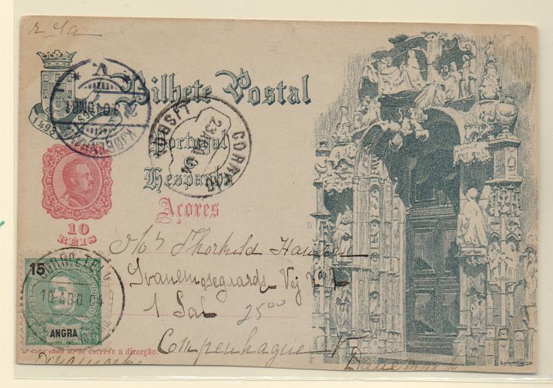 0409.jpg -     Lote:    409            Açores       Descrição:         1898 &mdash; IV Centenário do Descobrimento do Caminho Marítimo para a Índia. OM21G (Porta principal dos Jerónimos), 10 reis rosa carmim. Circulado de Angra (11.08.04) para Copenhaga (28.08.04) com trânsito por Lisboa (23.08.04), com selo adicional de 15 reis tipo D. Carlos I Mouchon de Angra CE27.         IC       Valor Base:     &euro; 25,00     Valor Venda:     &euro; 25,00       