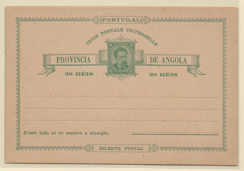 0417.jpg -     Lote:    417            Angola       Descrição:         1885 &mdash; D. Luís I. OM3, 30 reis, verde. Inteiro postal com sobrecarga a preto "PROVA", tipo pequeno, distribuídos com as reimpressões de 1885         IN       Valor Base:     &euro; 20,00     Valor Venda:     Retirado     