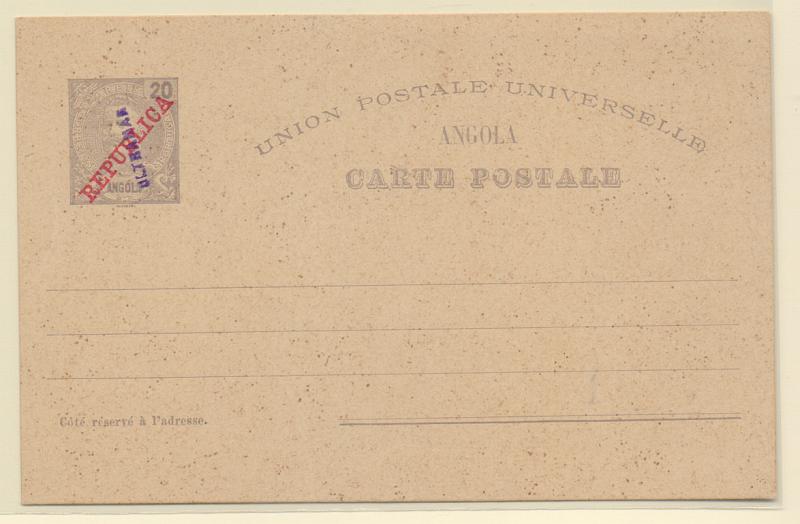 0418.jpg -     Lote:    418            Angola       Descrição:         1911 &mdash; D. Carlos I Mouchon, com sobrecarga REPUBLICA. OM11, 20 reis violeta. Inteiro novo com sobrecarga a violeta "ULTRAMAR". Exemplares remetidos para arquivo das administrações postais, pela Secretaria Geral de Berna.         IN       Valor Base:     &euro; 15,00     Valor Venda:     Retirado     