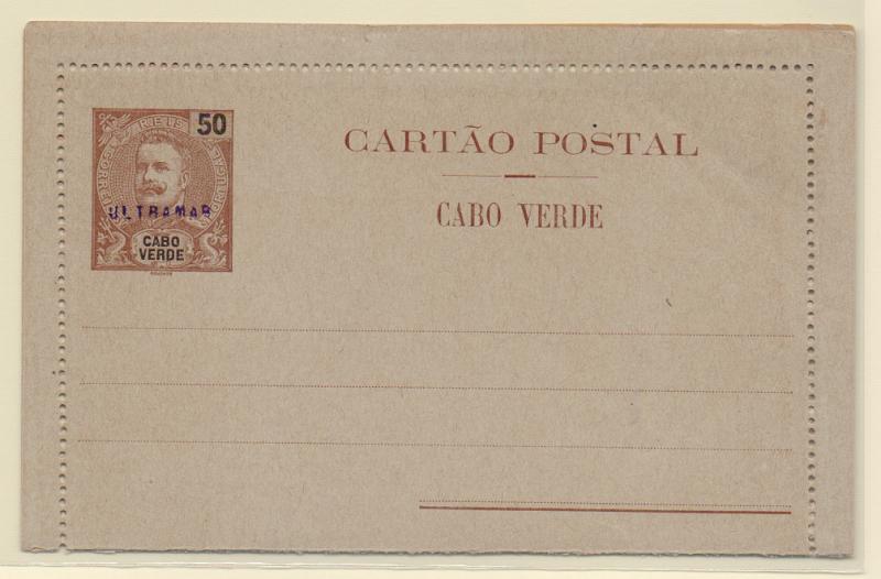 0428.jpg -     Lote:    428            Cabo Verde       Descrição:         1904 &mdash; D. Carlos I Mouchon. Cartões-Postais. OM2, 50 reis castanho. Inteiro novo com sobrecarga a violeta "ULTRAMAR". Exemplares remetidos para arquivo das administrações postais, pela Secretaria Geral de Berna.         IN       Valor Base:     &euro; 20,00     Valor Venda:     &euro; 20,00       