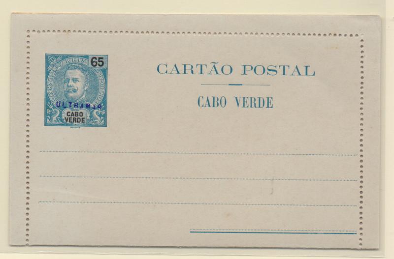 0429.jpg -     Lote:    429            Cabo Verde       Descrição:         1904 &mdash; D. Carlos I Mouchon. Cartões-Postais. OM3, 65 reis azul. Inteiro novo com sobrecarga a violeta "ULTRAMAR". Exemplares remetidos para arquivo das administrações postais, pela Secretaria Geral de Berna.         IN       Valor Base:     &euro; 20,00     Valor Venda:     &euro; 20,00       
