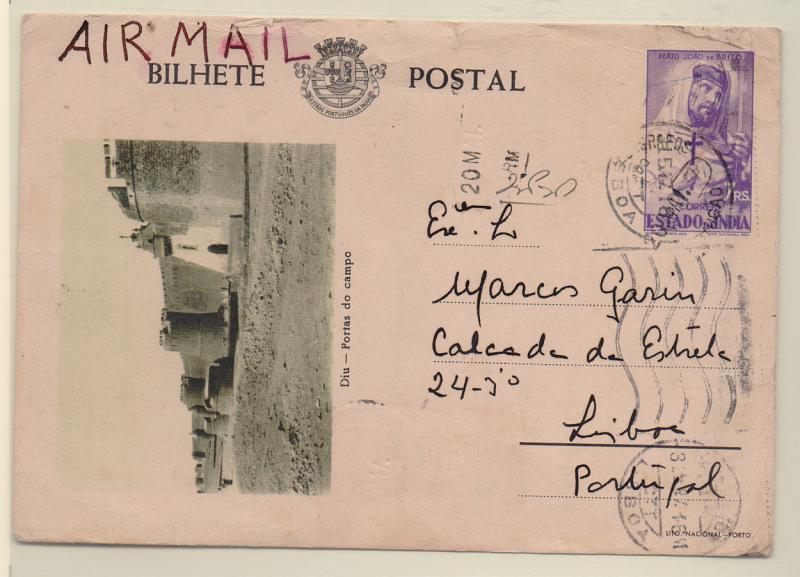 0438.jpg -     Lote:    438            Índia       Descrição:         1946 &mdash; Motivos históricos. OM41A, 7 reis lilás + verde negro (DIU &mdash; Postas do campo). Circulado de Mormugão (19.05.47) para Lisboa.         IC       Valor Base:     &euro; 15,00     Valor Venda:     &euro; 16,00       
