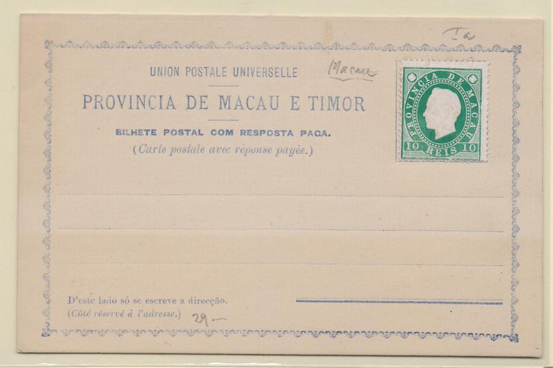 0440.jpg -     Lote:    440            Macau       Descrição:         1892 &mdash; Bilhetes-Postais com resposta paga, de fabrico local com selo colado de D. Luís I. OM Ia, 10+10 reis verde.         IN       Valor Base:     &euro; 20,00     Valor Venda:     Retirado     