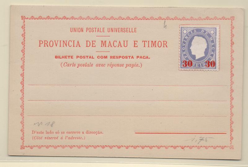 0441.jpg -     Lote:    441            Macau       Descrição:         1892 &mdash; Bilhetes-Postais de resposta-paga, de fabrico local com selo colado de D. Luís I. OMII, 30+30 / 200+200 reis lilás, com sobretaxa vermelha, tipo IIC. MB.         IN       Valor Base:     &euro; 15,00     Valor Venda:     &euro; 18,00       