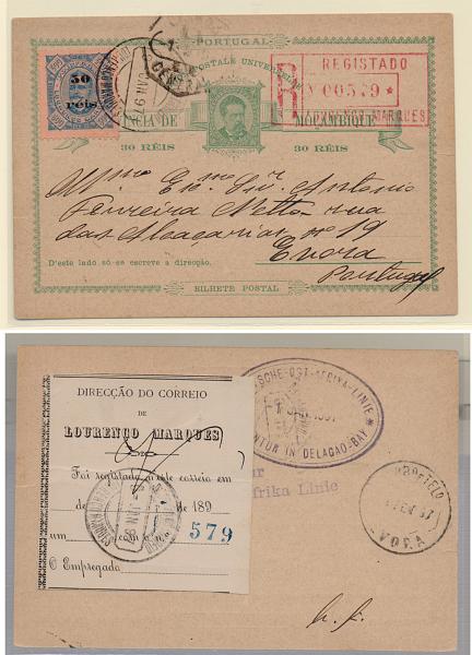 0444.jpg -     Lote:    444            Moçambique       Descrição:         1885 &mdash; D. Luís I. OM3, 30 reis verde sobre cartolina camurça, circulado registado de Lourenço Marques (09.01.97) para Évora, com trânsito por Lisboa (12.03.97) com selo adicional de 50 s/ 300 reis CE31. MB e MR.         IC       Valor Base:     &euro; 75,00     Valor Venda:     Retirado     