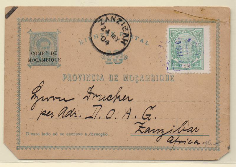 0448.jpg -     Lote:    448            Companhia de Moçambique       Descrição:         1892 &mdash; Bilhetes-postais de Moçambique, emissão de 1885, com sobrecarga a preto "COMP.ª DE / MOÇAMBIQUE". OM1, 10 reis azul, circulado da Beira (10.05.04) para Zanzibar (24.05.04) com selo adicional tipo Elefantes de 10 reis. Alguns defeitos.         IC       Valor Base:     &euro; 25,00     Valor Venda:     Retirado     