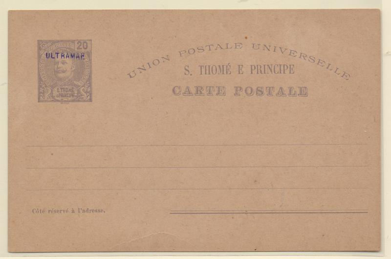 0461.jpg -     Lote:    461            S. Tomé e Príncipe       Descrição:         1906 &mdash; D. Carlos I Mouchon. OM5, 20 reis. Inteiro novo com sobrecarga a violeta "ULTRAMAR". Exemplares remetidos para arquivo das administrações postais, pela Secretaria Geral de Berna.         IN       Valor Base:     &euro; 15,00     Valor Venda:     Retirado     