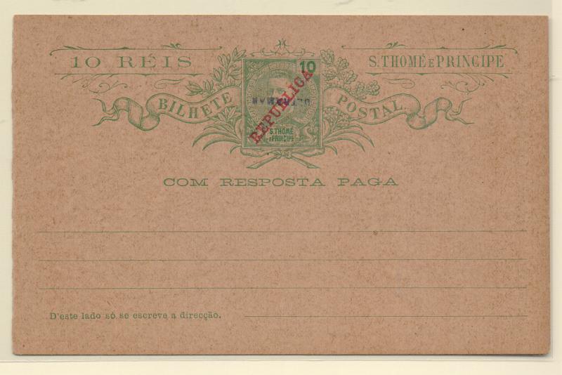 0462.jpg -     Lote:    462            S. Tomé e Príncipe       Descrição:         1911 &mdash; D. Carlos I Mouchon, com sobrecarga REPUBLICA. OM12, 10+10 reis. Inteiro novo (1.ª folha) com sobrecarga a violeta "ULTRAMAR". Exemplares remetidos para arquivo das administrações postais, pela Secretaria Geral de Berna.         IN       Valor Base:     &euro; 10,00     Valor Venda:     Retirado     