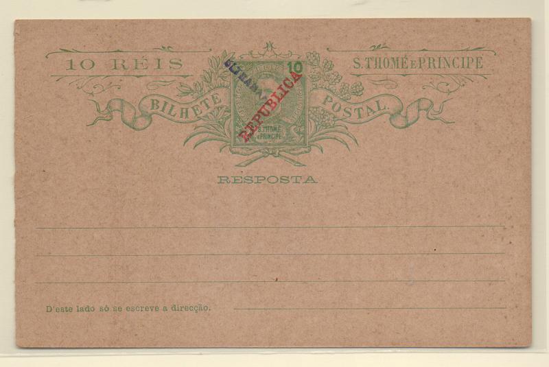 0463.jpg -     Lote:    463            S. Tomé e Príncipe       Descrição:         1911 &mdash; D. Carlos I Mouchon, com sobrecarga REPUBLICA. OM12, 10+10 reis. Inteiro novo (2.ª folha) com sobrecarga a violeta "ULTRAMAR". Exemplares remetidos para arquivo das administrações postais, pela Secretaria Geral de Berna.         IN       Valor Base:     &euro; 10,00     Valor Venda:     Retirado     