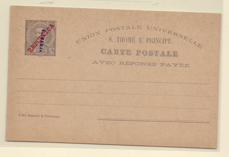 0464.jpg -     Lote:    464            S. Tomé e Príncipe       Descrição:         1911 &mdash; D. Carlos I Mouchon, com sobrecarga REPUBLICA. OM13, 20+20 reis. Inteiro novo com sobrecarga a violeta "ULTRAMAR". Exemplares remetidos para arquivo das administrações postais, pela Secretaria Geral de Berna.         IN       Valor Base:     &euro; 20,00     Valor Venda:     Retirado     
