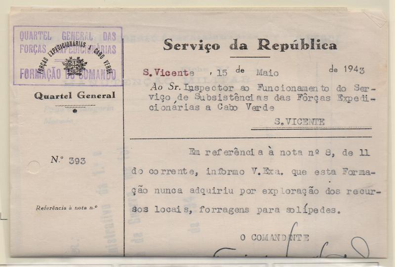0648.jpg -     Lote:    648                   Descrição:         1939/45 &mdash; 2.ª Guerra Mundial. Expedição Militar a Cabo Verde. Lote com documentos militares, um deles com carimbo rectangular violeta "Quartel General das / Forças Expedicionárias / Formação do Comando", datado de "S. Vicente" (C. Verde).         DOC       Valor Base:     &euro; 10,00     Valor Venda:     Retirado     