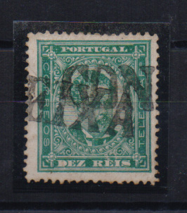 0971.jpg -     Lote:    971            Portugal       Descrição:         Carimbos nominativos. 1884/87 &mdash; D. Luís I. De frente. Novos valores. CE61, 10 reis verde duplamente obliterado com carimbo batido a preto "CONDEIXA".         O       Valor Base:     &euro; 12,00     Valor Venda:     Retirado     