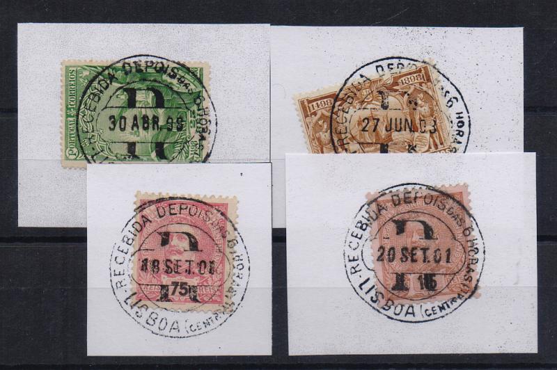 1055.jpg -     Lote:    1055            Portugal       Descrição:         Carimbos diversos. Lote de 4 selos com carimbos batidos a preto "RECEBIDA DEPOIS DAS 6 HORAS / R / LISBOA (CENTRAL).         Lote       Valor Base:     &euro; 7,00     Valor Venda:     Retirado     