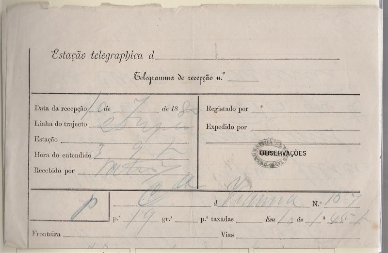 1075.jpg -     Lote:    1075            Portugal       Descrição:         Carimbos da telegrafia eléctrica - Telegrama remetido de Viana (10.07.80) para Coimbra. Carimbo batido a preto "TELEGRAPHIA ELECTRICA / COIMBRA".         TLG       Valor Base:     &euro; 10,00     Valor Venda:     &euro; 40,00       