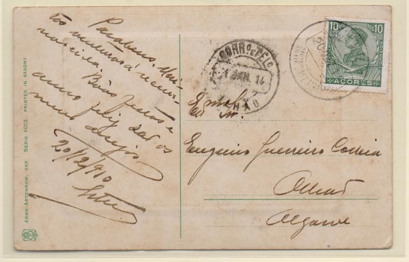 1079.jpg -     Lote:    1079            Açores       Descrição:         Carimbos circulares datados. Postal ilustrado circulado com selo de 10 reis tipo D. Manuel II CE109, de Santa Cruz (20.12.10) para Olhão. Carimbo batido a preto "SANTA CRUZ (FLORES).         PI       Valor Base:     &euro; 12,00     Valor Venda:     Retirado     