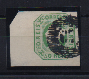 1121.jpg -     Lote:    1121            Portugal       Descrição:         1853 &mdash; D. Maria II. CE3, 50 reis verde azul, canto de folha, com margens excepcionais, obliterado com carimbo numérico da 1.ª reforma de 20 barras "67 &mdash; OLIVEIRA DE AZEMÉIS". Ligeiras transparências nos bordos, não afectando o selo. Valor de catálogo &euro; 3.400,00.         O       Valor Base:     &euro; 250,00     Valor Venda:     Retirado     