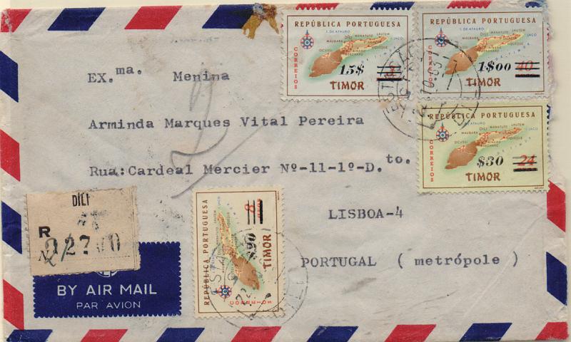 1648.jpg -     Lote:    1648            Timor       Descrição:         1960 &mdash; Carta Geográfica de Timos, com sobretaxa. Sobrescrito circulado registado de Dili (22.10.63) para Lisboa, com selos de $20 s/ 8 avos, $30 s/ 24 avos, 1$00 s/ 40 avos e 15$00 s/ 3).CE307, 308, 310 e 314. B e R.         Carta       Valor Base:     &euro; 15,00     Valor Venda:     &euro; 15,00       