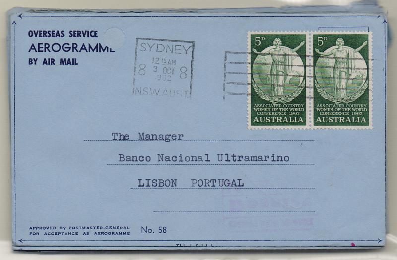 2712.jpg -     Lote:    2712      Lotes pelo Correio              Descrição:         Austrália. Lote com 9 aerogramas remetidos para o BNU em Lisboa, com selos de diversas emissões. Lote a ver.         Lote       Valor Base:     &euro; 5,00     Valor Venda:     &euro; 8,00       