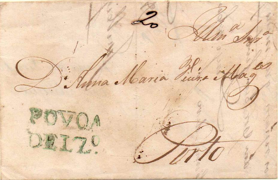 0149.jpg -     Lote:    149            Portugal        Descrição:         Póvoa do Lanhoso &mdash; A verde, GM PVL1 em carta data da Póvoa (14.08.42) para o Porto, com o porte de 20 reis manuscrito a sépia.        Carta       Valor Base:     &euro; 20,00     Valor Venda:     Retirado     