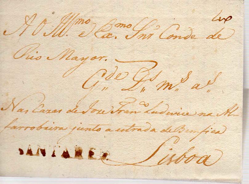 0151.jpg -     Lote:    151            Portugal        Descrição:         Santarém &mdash; A sépia, GM STR1 em carta datada de Quinta de D. Rodrigo (01.10.1814) para Lisboa, com o porte de 40 reis manuscrito a sépia.        Carta       Valor Base:     &euro; 15,00     Valor Venda:     &euro; 20,00     
