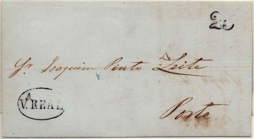 0169.jpg -     Lote:    169            Portugal        Descrição:         Vila Real &mdash; A preto/azul-escuro (não catalogado), GM VRL5 em carta datada de Vila Real (29.10.46) para o Porto, com o porte de 25 reis batido a preto.        Carta       Valor Base:     &euro; 15,00     Valor Venda:     Retirado     