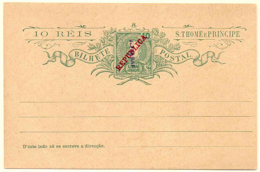 0327.jpg -     Lote:    327            S. Tomé e Príncipe       Descrição:         1911 &mdash; D. Carlos Mouchon, com sobrecarga REPUBLICA da Casa da Moeda. OM10, 10 reis, com sobrecarga a violeta "ULTRAMAR, aplicado no Ministério do Ultramar aos espécimes enviados pela UPU para as colónias portuguesas.        IN       Valor Base:     &euro; 40,00     Valor Venda:     Retirado     
