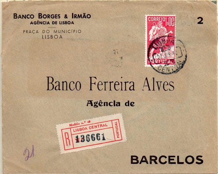 0402.jpg -     Lote:    402                   Descrição:         Perfurados. 1937 &mdash; 4.º Centenário da Morte de Gil Vicente. CE578, 1$00 em sobrescrito circulado registado de Lisboa (27.06.42) para Barcelos, com perfuração "BBI &mdash; Banco Borges & Irmão).        Carta       Valor Base:     &euro; 10,00     Valor Venda:     Retirado     