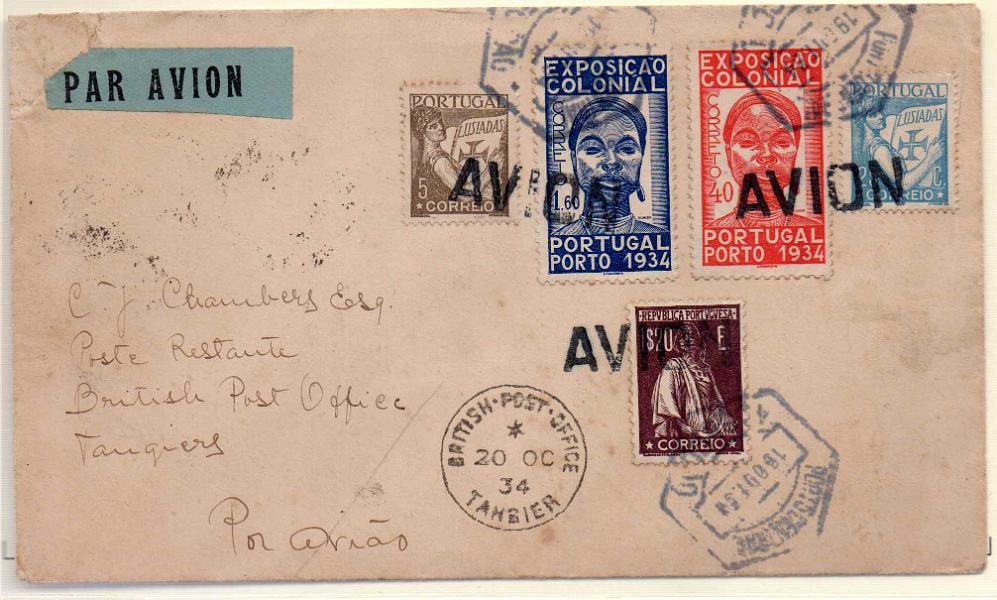 0437.jpg -     Lote:    437            Correio Aéreo       Descrição:         1934 (19.10) &mdash; 1.º Voo Postal pela Aero Portuguesa de Lisboa para Tanger. Sobrescrito circulado do Porto (18.10.34) para Tanger (20.10.34) com selos CE509 tipo Ceres (selo de recurso), CE514, CE519, CE5628563. Carimbo batido a preto "AVION".        Aéreo       Valor Base:     &euro; 50,00     Valor Venda:     &euro; 360,00     
