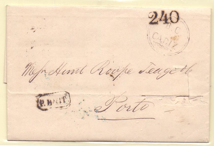 0454.jpg -     Lote:    454            Correio Marítimo       Descrição:         Correio marítimo &mdash; Lisboa / Paquete britânico. Carta circulada de Cadiz (04.11.54) para o Porto (10.11.54) com trânsito em Lisboa (07.11.54) com o porte de 240 reis batido a sépia. Carimbo a sépia "P. BRIT.º" e no verso carimbo também a sépia "ABATIDA".        Carta       Valor Base:     &euro; 20,00     Valor Venda:     &euro; 20,00     