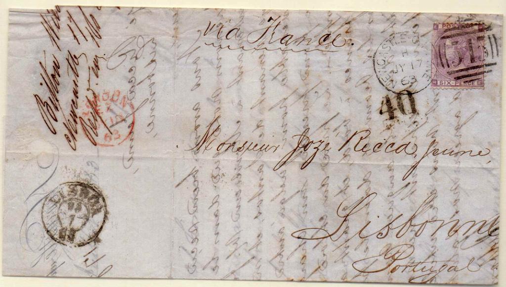 0455.jpg -     Lote:    455            Correio Marítimo       Descrição:         Correio marítimo. Carta circulada de Newcastle (17.06.63) para Lisboa (24.07.63) com selo de 6p e porte português de 40 reis.        Carta       Valor Base:     &euro; 10,00     Valor Venda:     &euro; 10,00     
