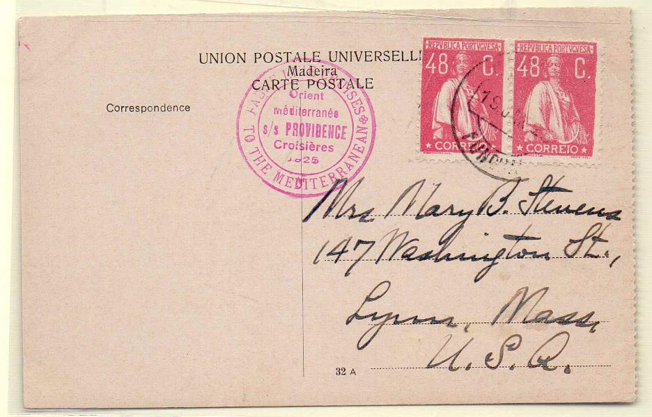 0463.jpg -     Lote:    463            Correio Marítimo       Descrição:         Correio marítimo. 1924/26 &mdash; Ceres. Postal ilustrado circulado do Funchal (19.01.25) para os EUA, com  par de selos de 46C rosa, CE284. MB e R.        PI       Valor Base:     &euro; 20,00     Valor Venda:     &euro; 42,00     