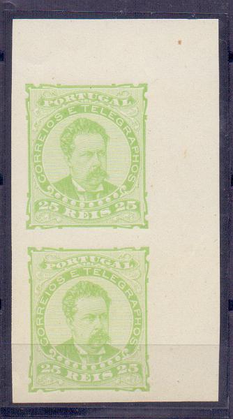 0528.jpg -     Lote:    528            Portugal       Descrição:         1882/83 &mdash; D. Luís I de frente. CE57, 25 reis. Par vertical de provas não denteada, em verde amarelo, papel porcelana.        PRV       Valor Base:     &euro; 20,00     Valor Venda:     &euro; 44,00     