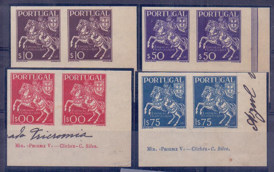 0574.jpg -     Lote:    574            Portugal       Descrição:         1944 &mdash; 3.ª Exposição Filatélica Portuguesa. CE636/639. Série completa em pares de provas de cor, não denteadas, canto de folha, com inscrições marginais impressas e manuscritas nas margens. B e R.        PRV       Valor Base:     &euro; 28,00     Valor Venda:     &euro; 55,00     