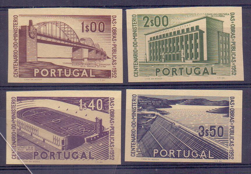 0593.jpg -     Lote:    593            Portugal       Descrição:         1952 &mdash; 1.º Centenário do Ministério das Obras Públicas. CE755/758. Série completa em provas não denteadas, não gomadas, nas cores finais.        PRV       Valor Base:     &euro; 20,00     Valor Venda:     &euro; 20,00     