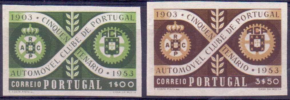 0595.jpg -     Lote:    595            Portugal       Descrição:         1953 &mdash; Cinquentenário do Automóvel Clube de Portugal. CE782/783. Série completa em provas não denteadas, não gomadas, nas cores finais.        PRV       Valor Base:     &euro; 15,00     Valor Venda:     &euro; 15,00     