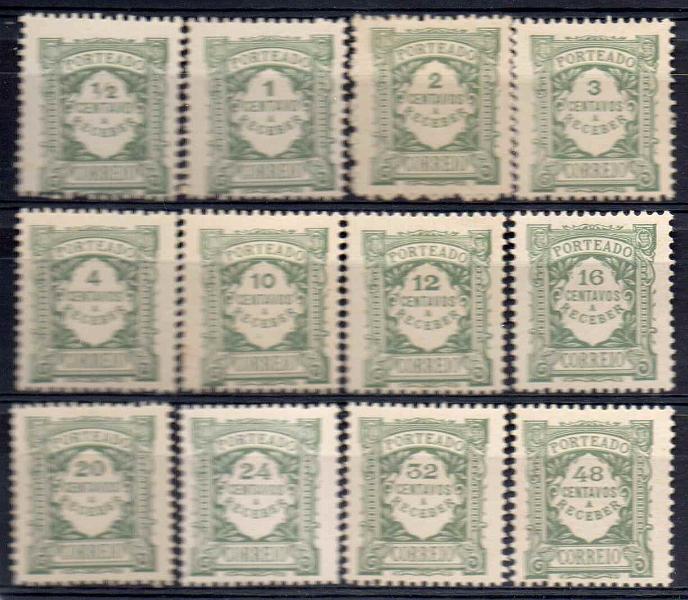 0611.jpg -     Lote:    611            Portugal       Descrição:         1922/27 &mdash; Porteado. Emissão regular. Unicolor. Doze ensaios em papel acetinado, dos valores de &frac12;, 1, 2, 3, 4, 10, 12, 16, 20, 24, 32 e 48c. Os valores de 1, 2 e 3c não foram emitidos. MB e MR.        PRV       Valor Base:     &euro; 20,00     Valor Venda:     &euro; 20,00     
