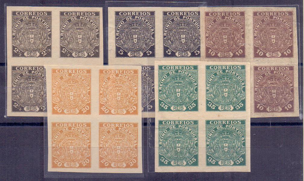 0619.jpg -     Lote:    619            Portugal       Descrição:         1919 &mdash; Escudo Nacional Monárquico. Não Emitidos. Série completa CE NE&frac14; em quadras + quadra de 20 reis amarelo. Todas não denteadas.        PRV       Valor Base:     &euro; 20,00     Valor Venda:     &euro; 20,00     